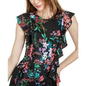 Trina Turk Women’s Size 6 Black Floral Ruffle Romper Zip Up Back So Pretty!!